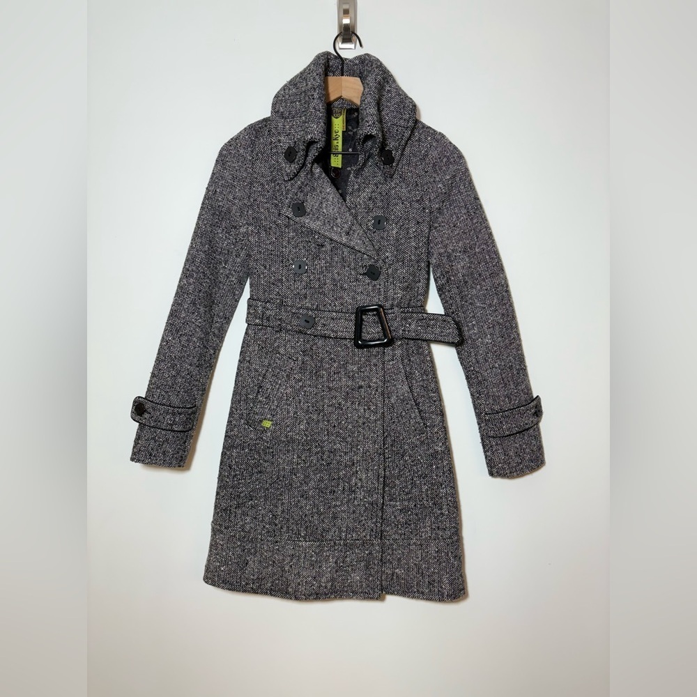 Soia & Kyo Collar Double Breasted Wool Tweed Long Trench Coat Black Sz XXS